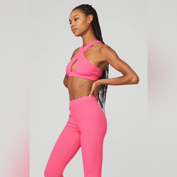 Alo Yoga Ribbed Destination Bra 💖 Hot Pink Crisscross Sports Bra - M - Picture 3 of 7